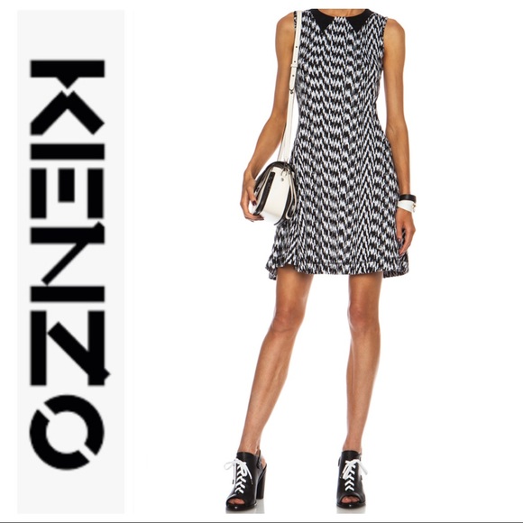 💕SALE💕Kenzo Wool Black White Noise Collar Dress - Picture 4 of 11